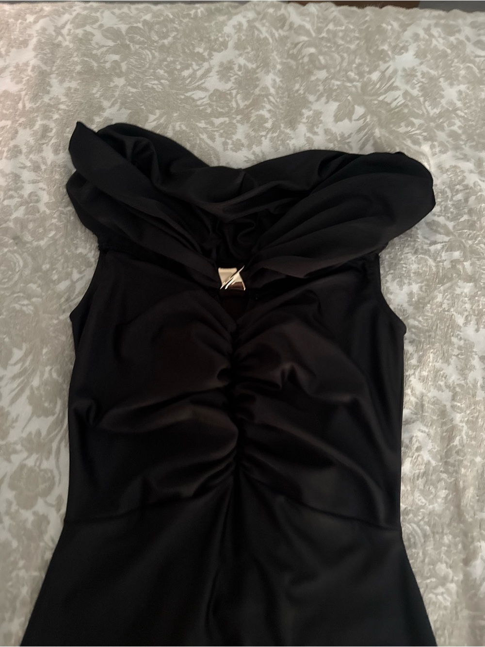 Black Strapless Ruched Dress with Silver Accent off the shoulder